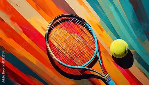 vintage tennis racket and ball colorful stripes background