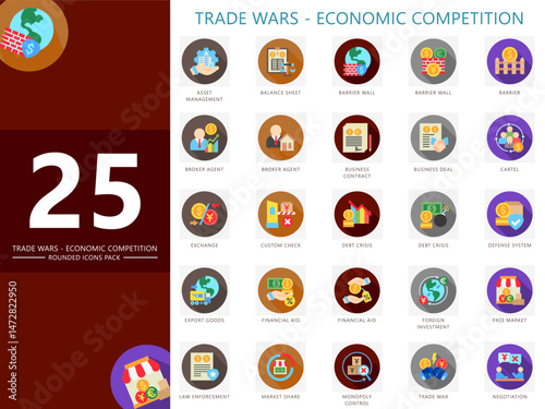Trade wars rounded color icons set. Contain asset management, broker, exchange, free market, law, inspection, barrier, deal and more. Vector for finance, economy UI, UX kit, web and app development