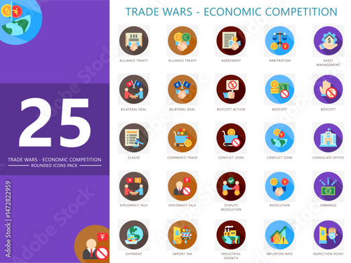 Trade wars rounded color icons set. Contain agreement, trade, treaty, clause, diplomacy, import tax, resolution, inflation and more. Vector for finance, economy UI, UX kit, web and app development