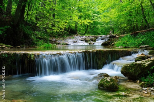 Forest stream cascade. Lush greenery