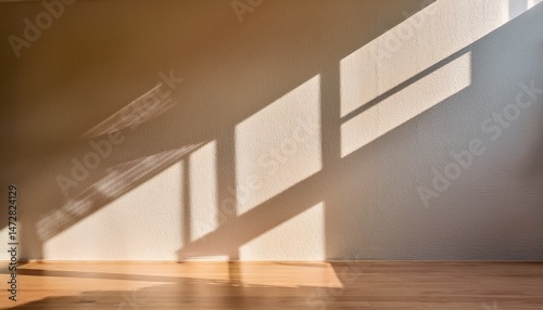 soft sunlight casting geometric shadows on minimalist wall in unoccupied interior space