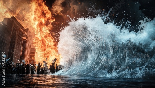 Polycrisis: layered photo of protest, flood, inflation chart and wildfire in single frame