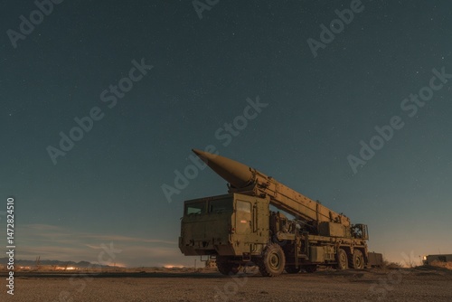 Cuadro en lienzo Military missile launcher under starry night sky in desert landscape