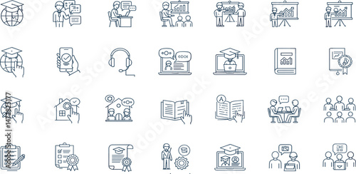 Online education line icons, such as audio lesson, home schooling, e-learning and more. Vector illustration.