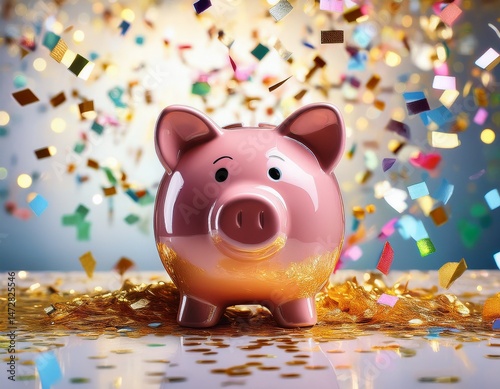 colorful piggy bank surrounded by golden confetti symbolizing savings celebration and financial success