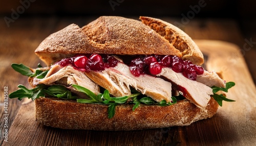 delicious turkey sandwich with cranberry sauce and greens on rustic bread