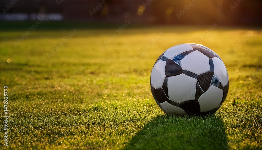 Obraz premium close up of a soccer ball resting on a green field with open space surrounding it for text overlay