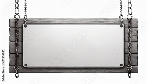 a white sign hanging from a chain the sign is blank and has no writing on it isolated on white background