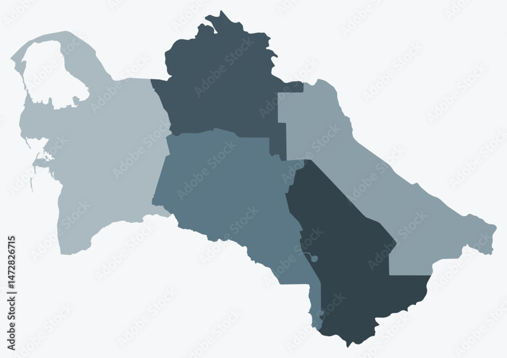 Fototapeta premium Map of Turkmenistan with regions. Just a simple country border map with region division. Blue grey color palette. Plain Turkmenistan shape with administrative division. Vector illustration.