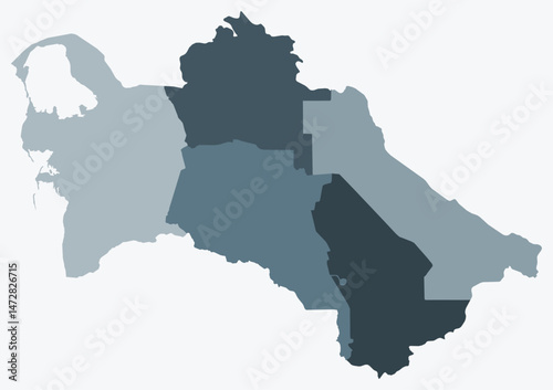 Map of Turkmenistan with regions. Just a simple country border map with region division. Blue grey color palette. Plain Turkmenistan shape with administrative division. Vector illustration.