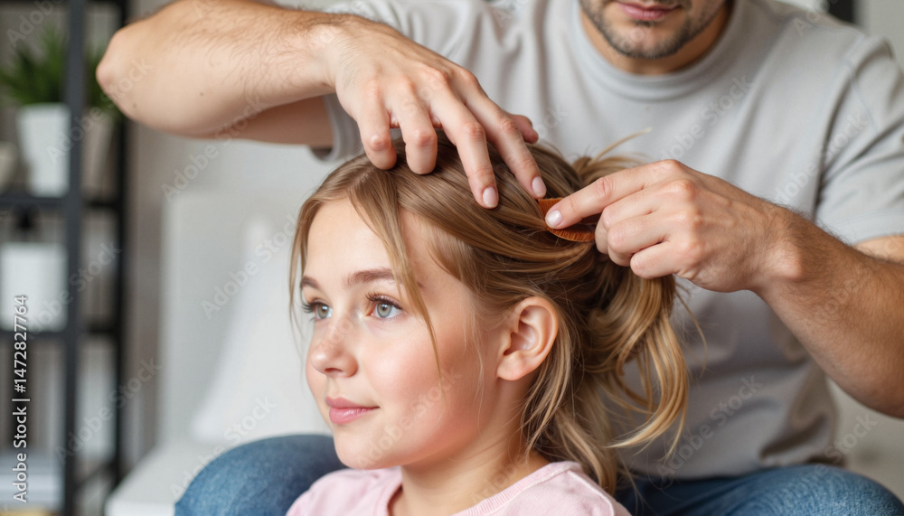 Fototapeta premium Dad brushing daughter's hair lovingly in a cozy room 