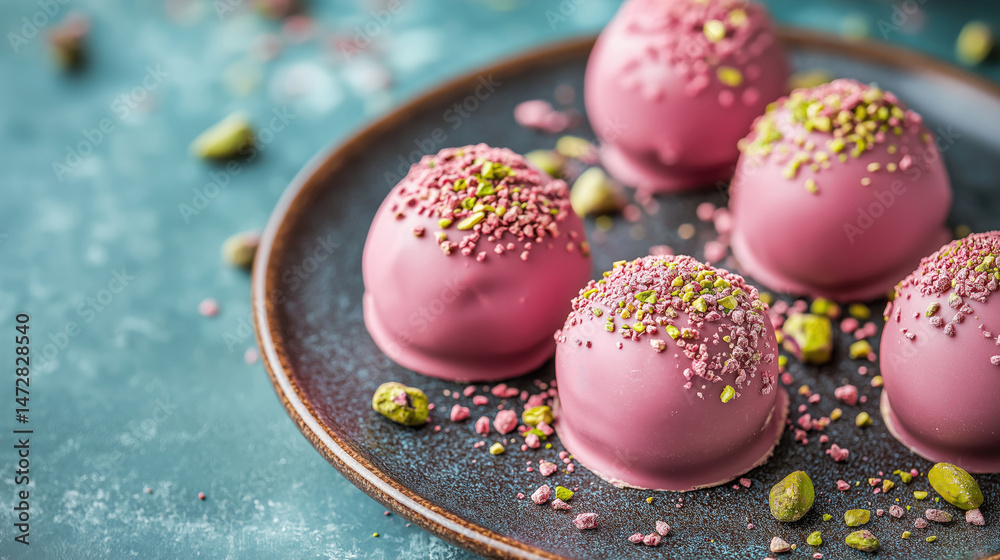 Obraz premium Close up pink dessert treats on plate