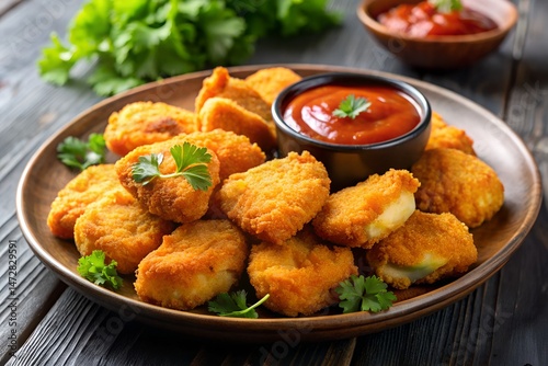 golden crispy chicken nuggets on a plate with sauce