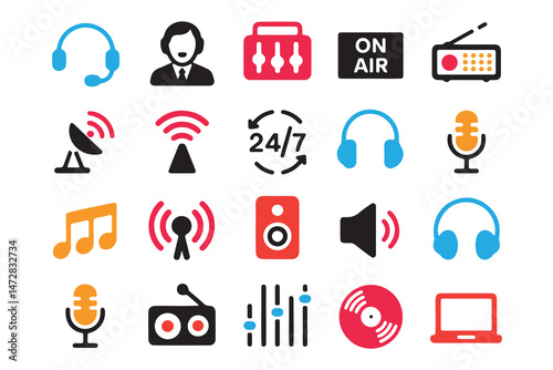 Colorful Flat Icons Representing Audiovisual Media and Broadcasting