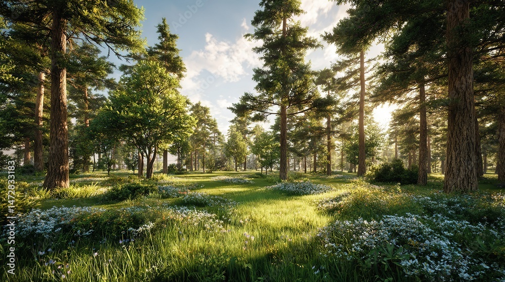 Obraz premium Sunlight filters through tree trunks and lush vegetation in a dense woodland carpeted with vibrant bluebells and diverse flora