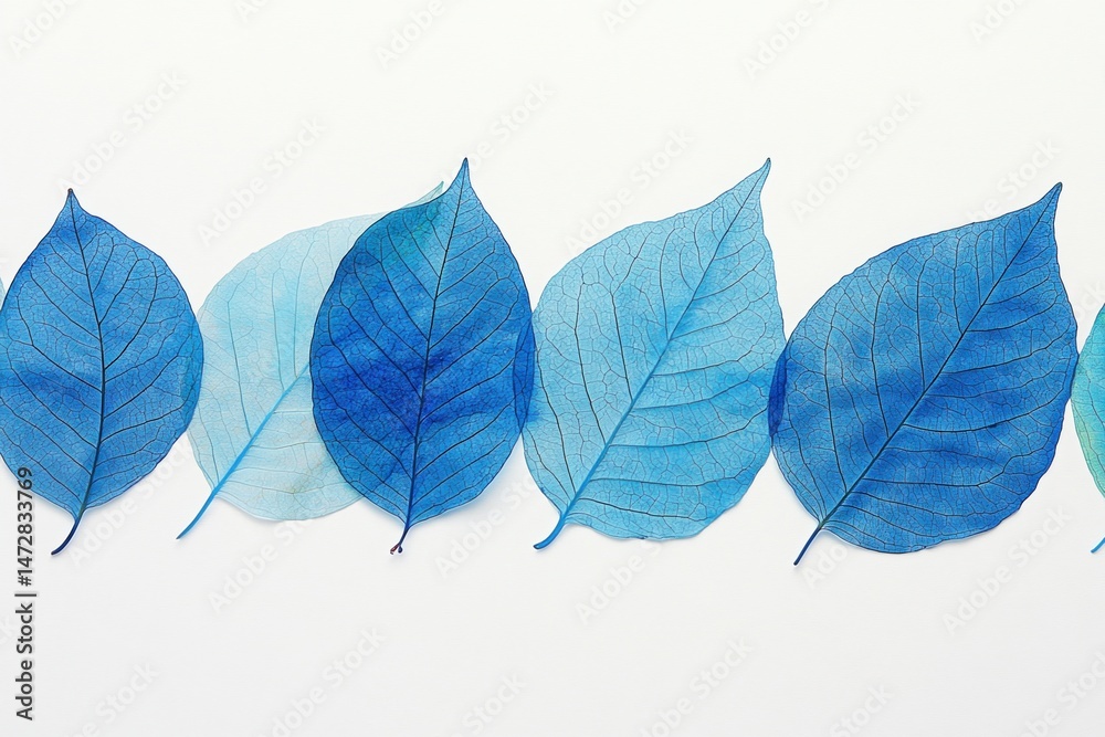Obraz premium Blue skeleton leaves arranged in row on white background. Delicate translucent botanical pattern for modern minimal designs.