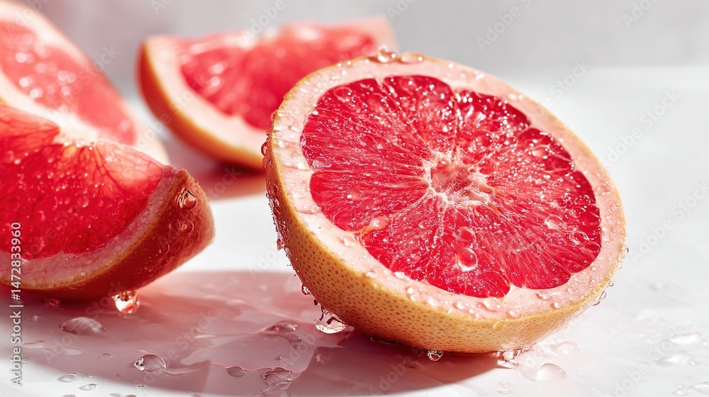 Close-up of a grapefruit cut in half on white surface with water droplets Close-up of a grapefruit cut in half on white surface with water droplets