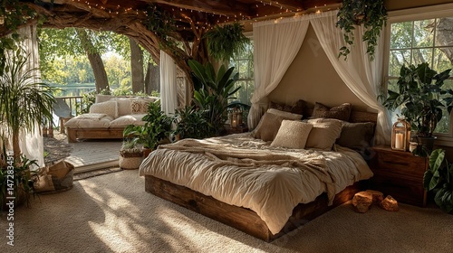   A tidy bedroom boasts a well-made bed and an array of vibrant potted plants adorning the bedside