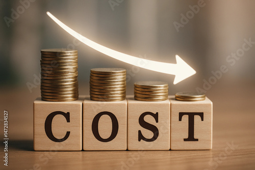 Stack of coins with a downward arrow pointing to the word cost