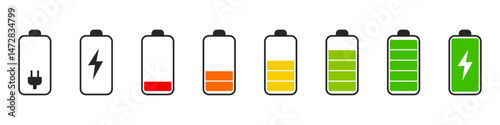 Battery charge indicator icons. Phone charge level, color collection of charge power. Discharged and fully charged battery. Battery charge from high to low. Vector Illustration.

