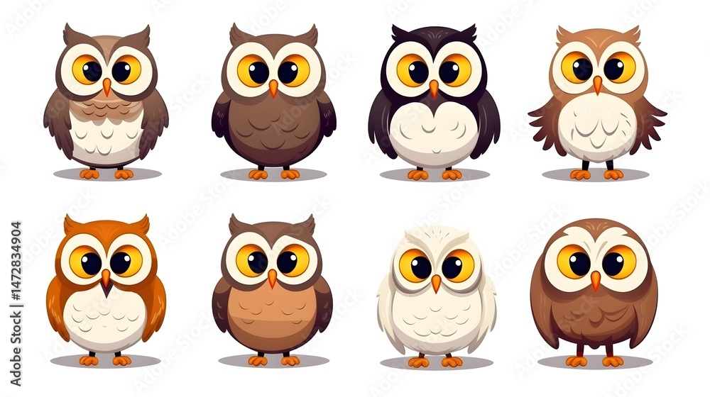Obraz premium Collection of Cute and Funny Oval Owls Isolated on White Background