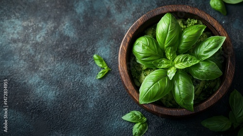 Green basil leaves atop pesto in a wooden bowl against a dark, textured background