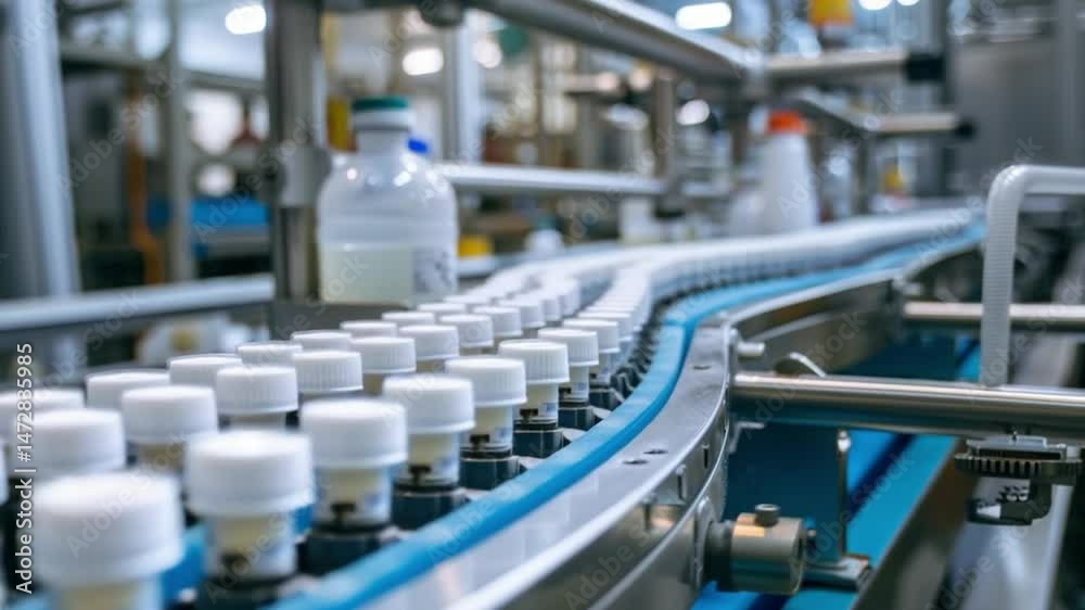 White plastic bottles moving on conveyor belt in dairy plant White plastic bottles moving on conveyor belt in dairy plant