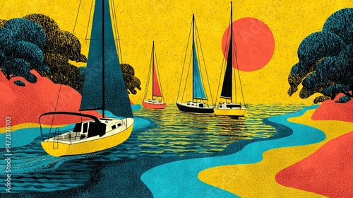   A flotilla of sailboats bobbed atop a tranquil body of water, nestled beside a verdant, hillside forest