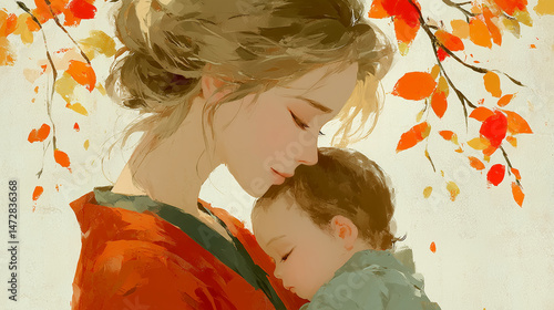 Mother with child, serene, embracing, amidst autumn leaves, celebrating Mother's Day