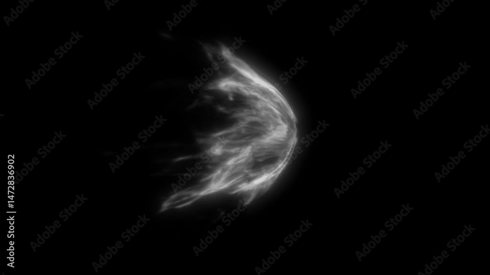 Ghostly white smoke swirls and billows in a spherical shape against a dark background, creating an ethereal and mysterious atmosphere