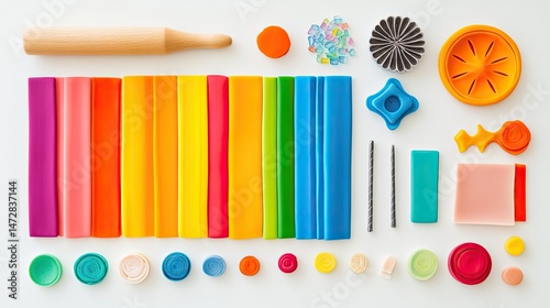 A flat lay showcasing colorful polymer clay in uniform rectangular blocks along with dazzling molds