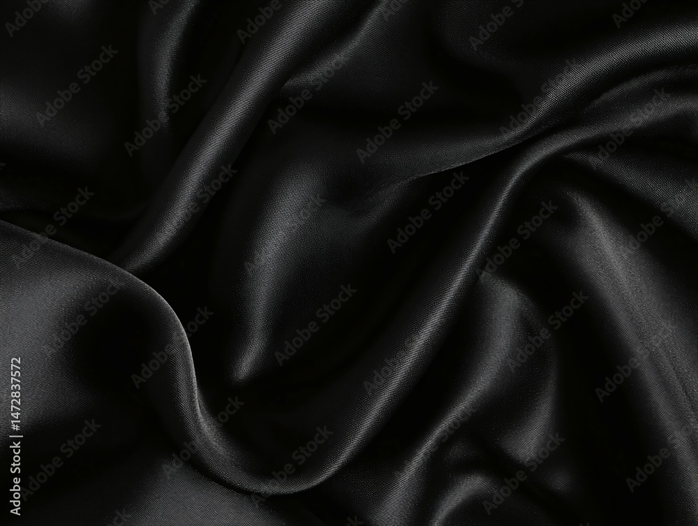 Fototapeta premium Black fabric folds create abstract patterns texture background material shiny smooth elegant.