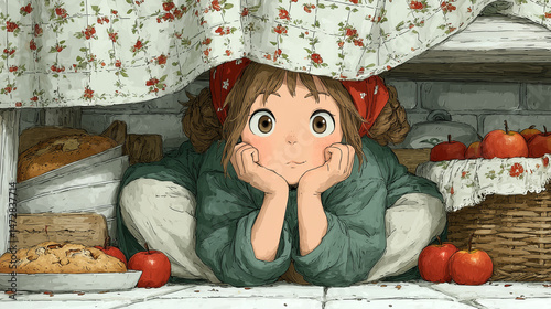 Child hiding under the table with curiosity during Thanksgiving Day celebration