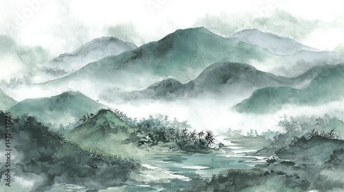  A picture featuring a mountain range, river in fg, & foggy sky bg