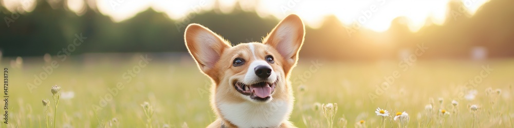 A dog is standing in a field of grass with its mouth open. The dog appears to be happy and relaxed A dog is standing in a field of grass with its mouth open. The dog appears to be happy and relaxed