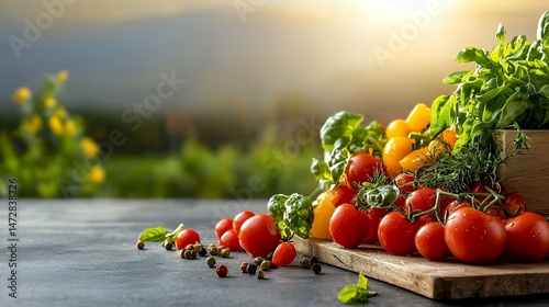 Tomatoes and Herbs on Wooden Board