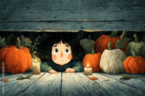 Child hiding under the table with pumpkins and candles during Thanksgiving Day
