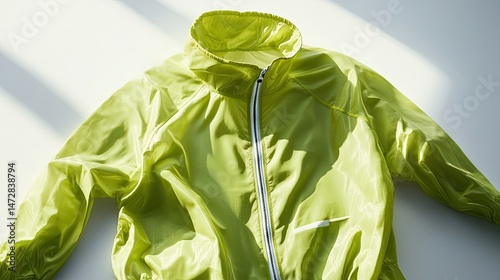 A vivid lime green windbreaker laid flat
