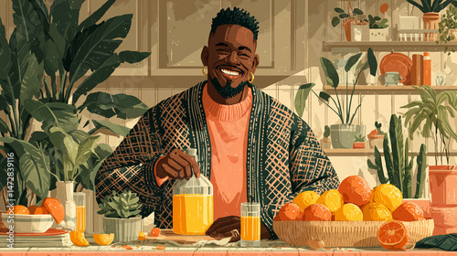 Man pouring apple cider happily in a bright kitchen filled with oranges for Thanksgiving Day
