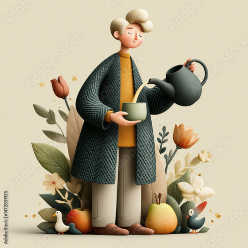 Person pouring a warm beverage cheerfully amidst autumn flowers and fruits for Thanksgiving Day