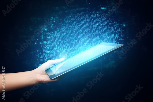 Digital tablet displays glowing data stream with binary code in a dark setting to represent technology and innovation