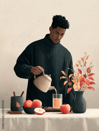 Man pouring apple cider thoughtfully in a minimalist autumn setting with apples and flowers for Thanksgiving Day