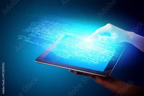 A hand holds a digital tablet emanating a bright, glowing data stream filled with binary code. The dark background emphasizes the vibrant display, showcasing technology.
