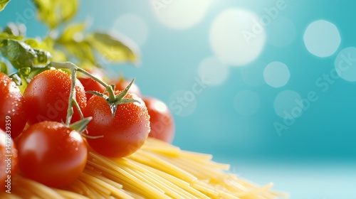 Tomatoes on Pasta with a Teal Background