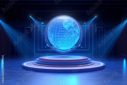 A glowing globe hovers over a circular platform in a sleek, futuristic setting. The high-tech environment is illuminated by vibrant blue light, symbolizing global connectivity and innovation.