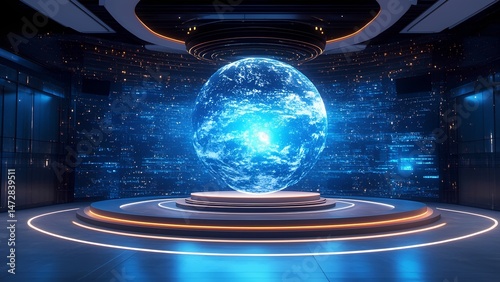 A glowing globe hovers over a circular platform in a sleek, futuristic setting. The high-tech environment is illuminated by vibrant blue light, symbolizing global connectivity and innovation.