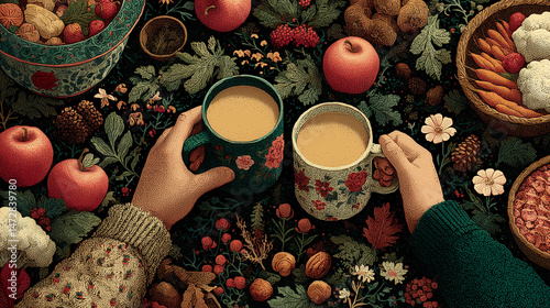 Two hands clinking mugs of warm drinks surrounded by Thanksgiving Day harvest