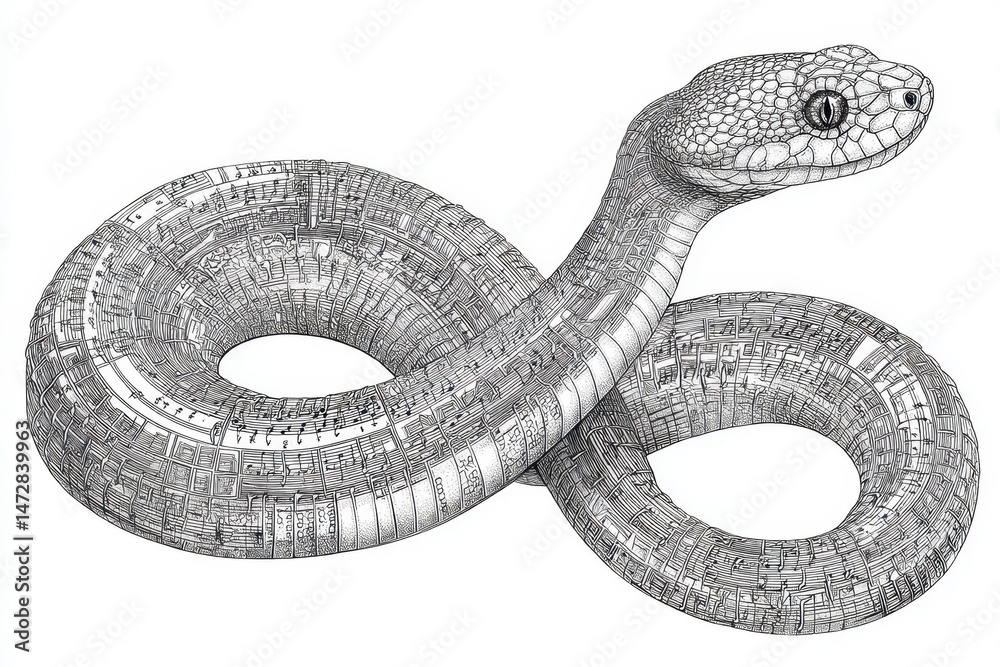 Fototapeta premium Detailed grayscale drawing of a coiled snake.