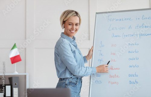 Online foreign languages school. Confident young tutor teaching Italian on web, giving online linguistics class on laptop. Positive female teacher explaining basic grammar rules to students on web photo