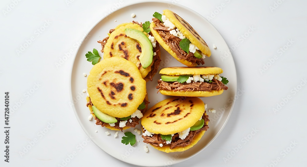Venezuelan Arepas Stuffed with Shredded Beef, Avocado and Cheese on White Plate in High-Resolution Overhead Photograph on White Background Venezuelan Arepas Stuffed with Shredded Beef, Avocado and Cheese on White Plate in High-Resolution Overhead Photograph on White Background